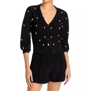 AQUA Women's Black Pearl‎ Embellished V Neck Cardigan Sweater XL